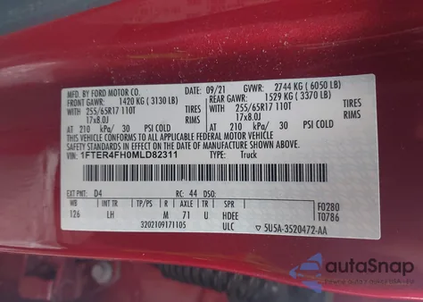 2021 Ford Ranger Xlt из США, поврежденный, VIN 1FTER4FH0MLD82311